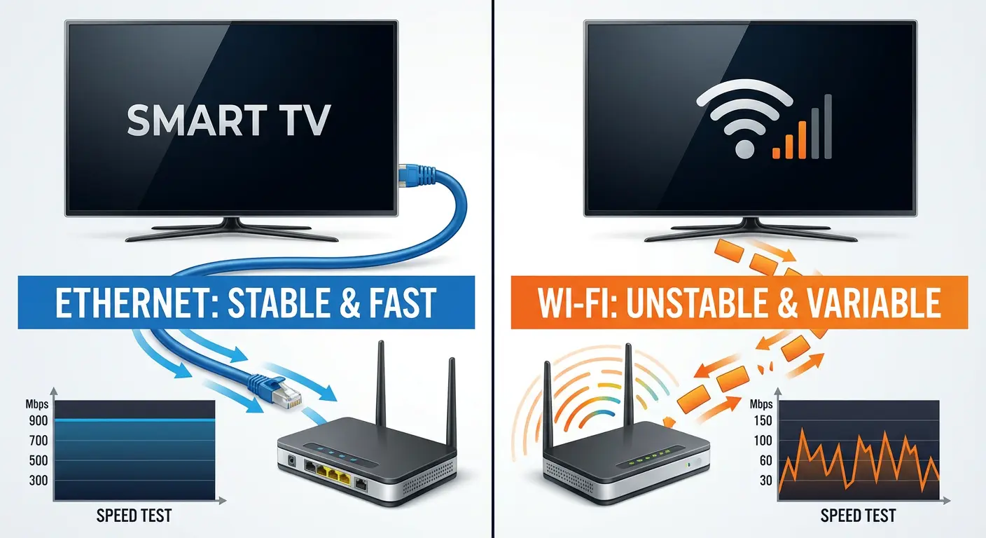 Ethernet vs Wi-Fi for IPTV Streaming Ethernet cable connection compared to Wi-Fi for IPTV streaming stability