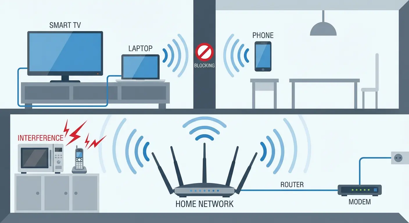 Home Network and Wi-Fi Causes of IPTV Buffering Home Wi-Fi network issues causing IPTV buffering on smart TV