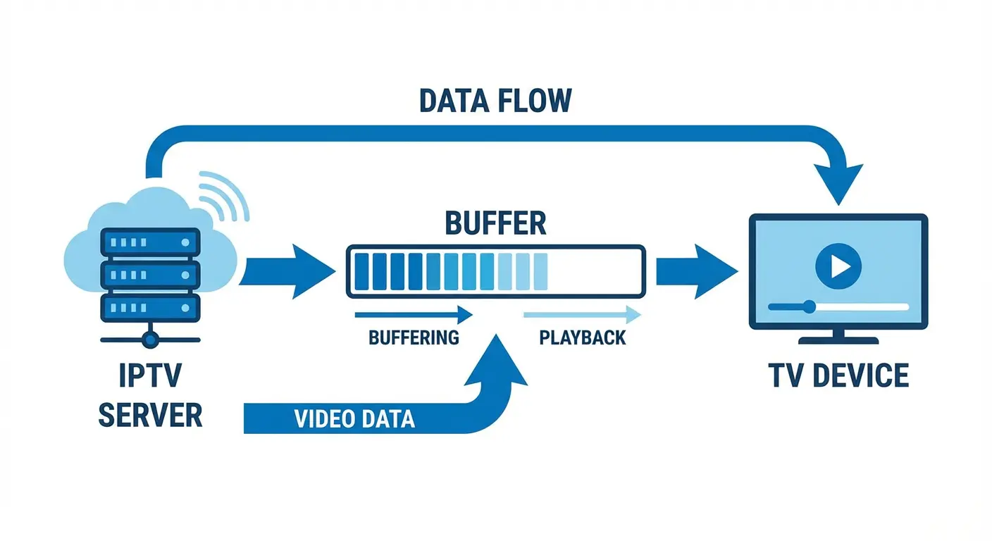How IPTV Buffering Works Explained Diagram explaining how IPTV buffering works between server and device