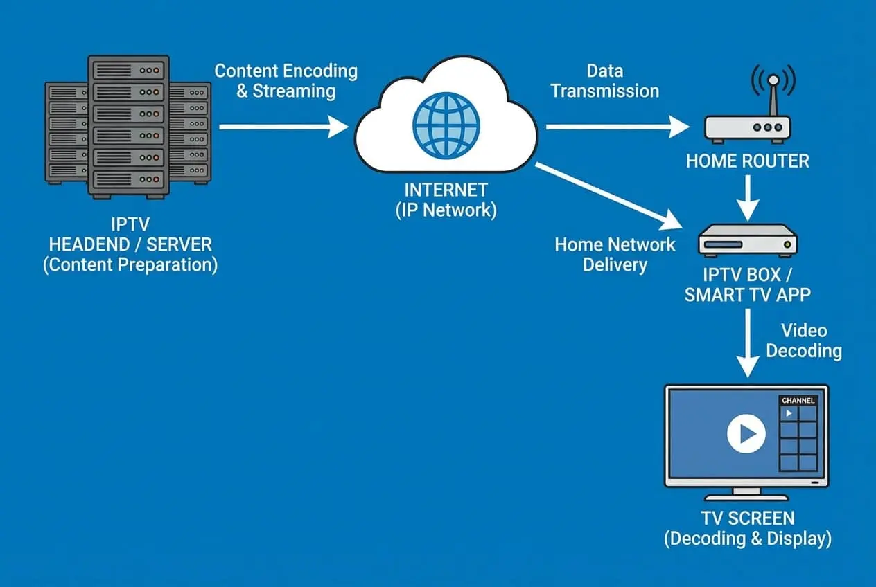 How IPTV Content Travels From Server to Screen Using the Internet Diagram showing how IPTV works from server to screen using internet technology