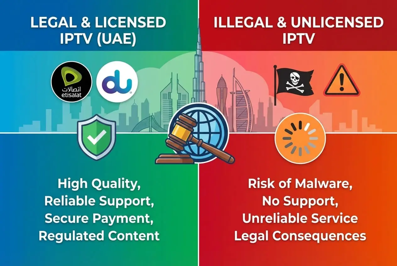 Side-by-Side Comparison of Legal and Illegal IPTV Services in the UAE Comparison of legal versus illegal IPTV services and their risks in the UAE