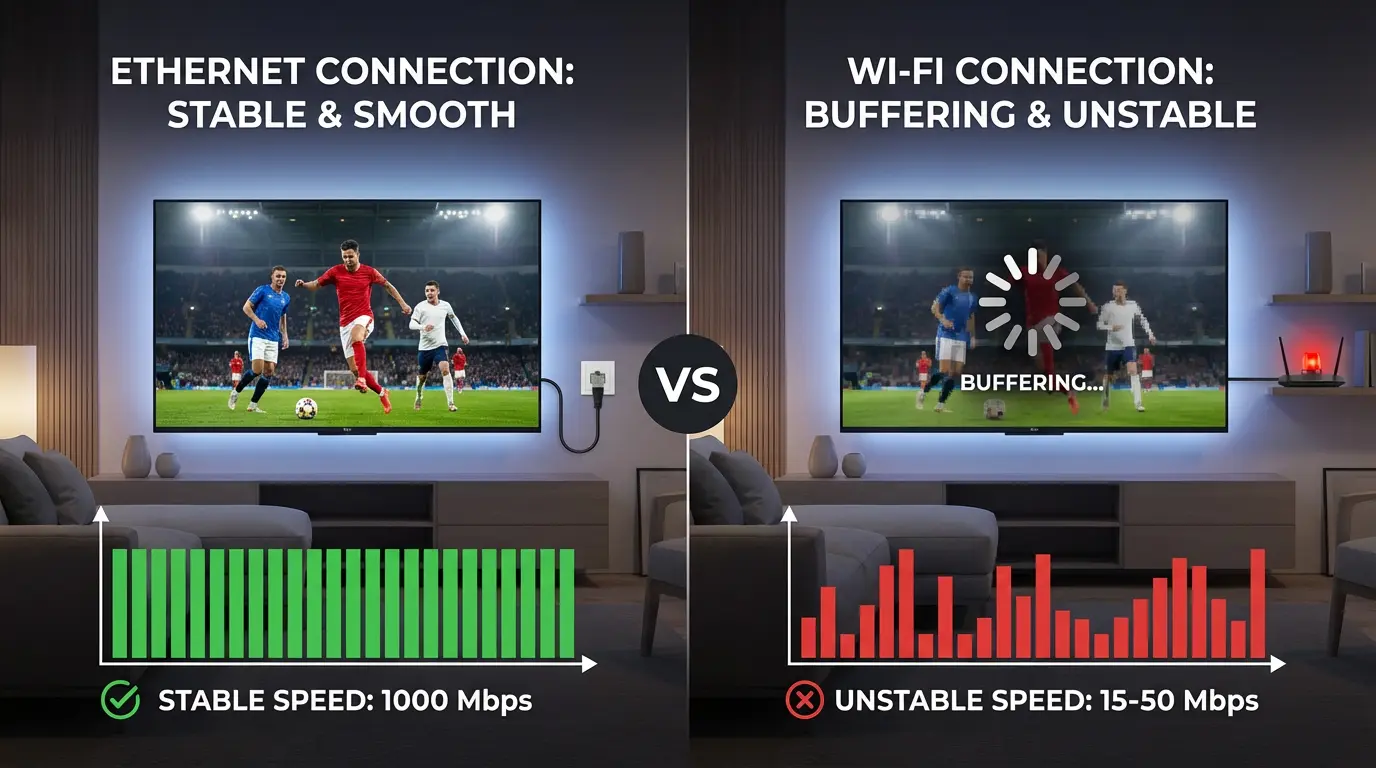 Ethernet vs Wi-Fi for Buffer-Free IPTV Ethernet vs Wi-Fi connection comparison for IPTV streaming