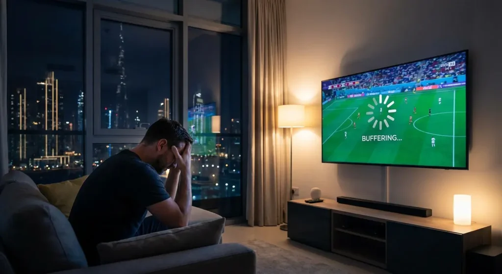Live sports buffering on smart TV in Dubai during a crucial match moment