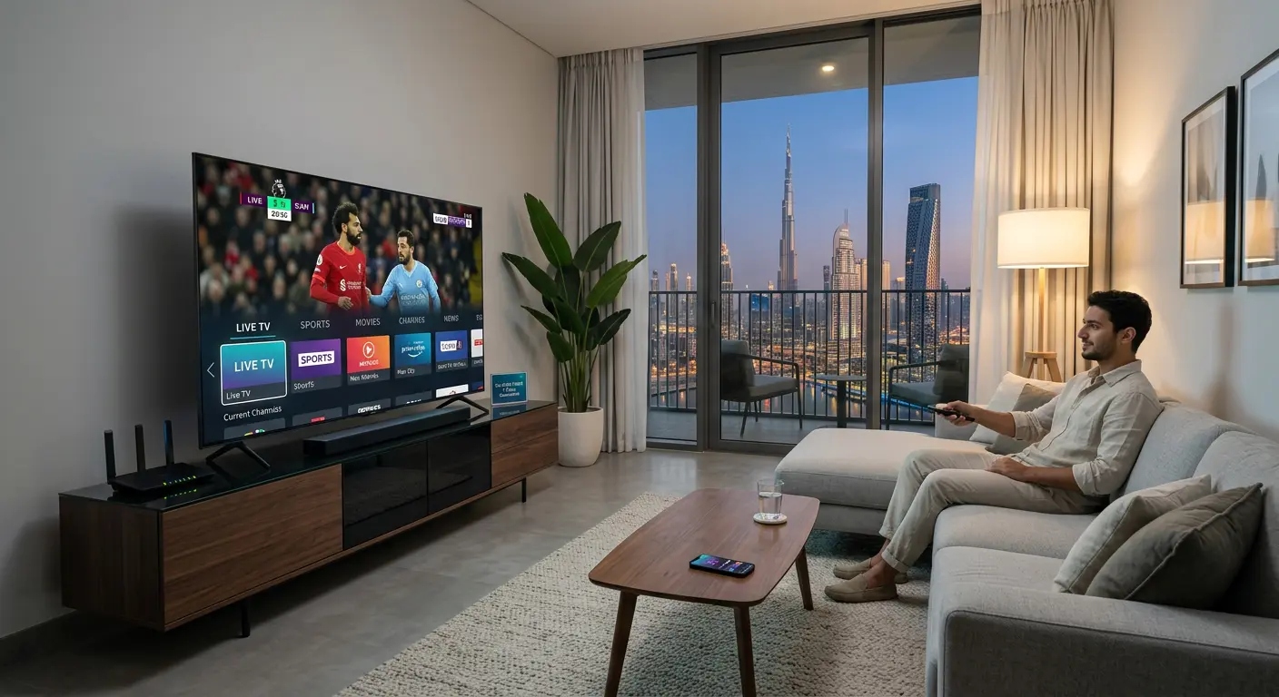 IPTV streaming setup in Dubai with smart TV and internet