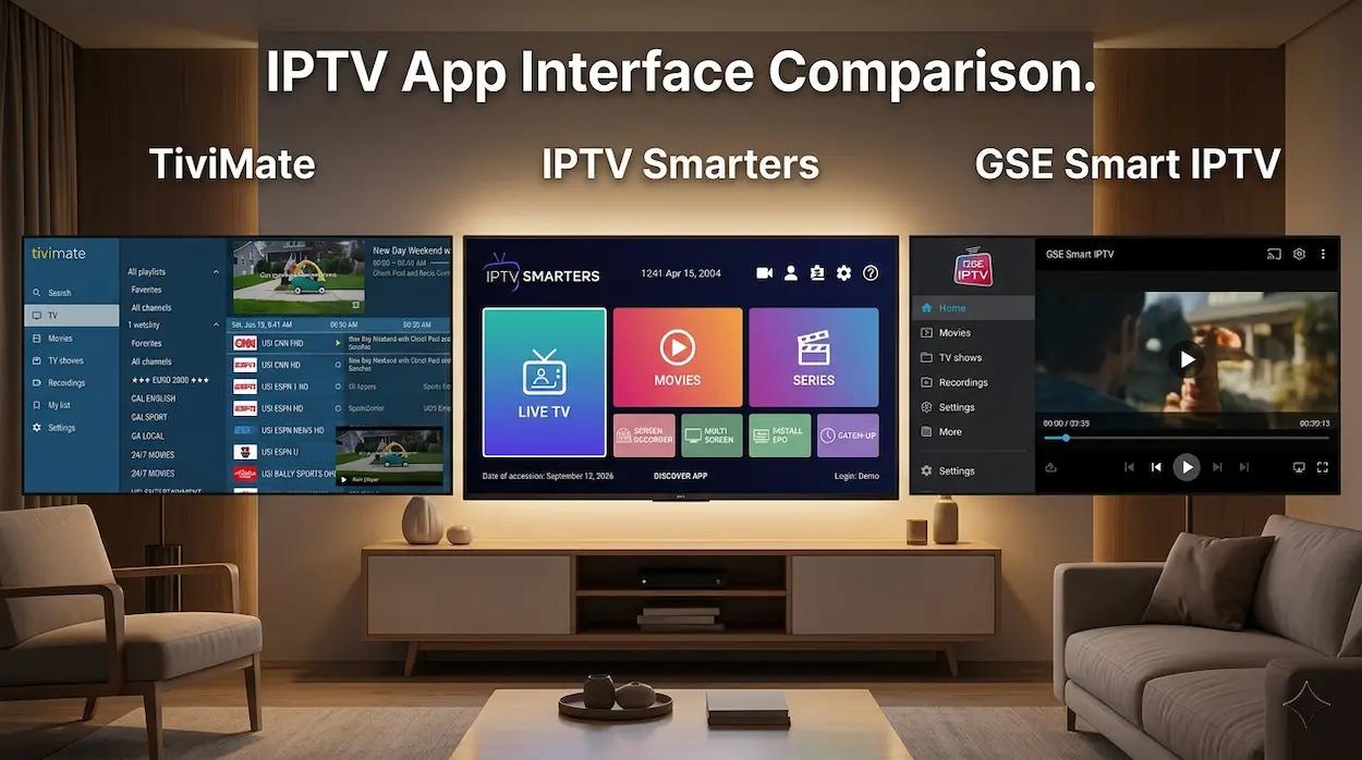 TiviMate vs IPTV Smarters vs GSE interface comparison